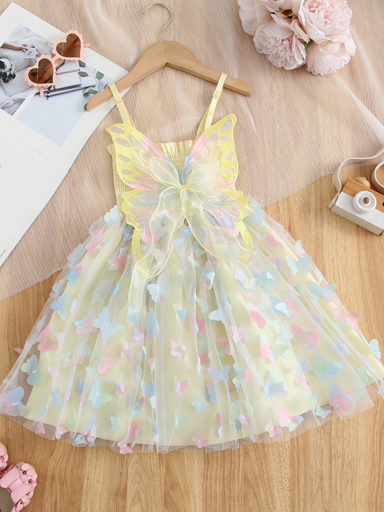Enchanting Rainbow Butterfly Princess Dress for Girls - Elegant Sleeveless Mesh Tutu with Bow Detail, Perfect for Parties & Birthdays